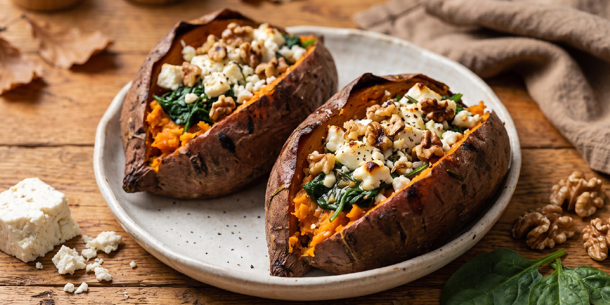 Boniato relleno de espinacas, queso feta y nueces