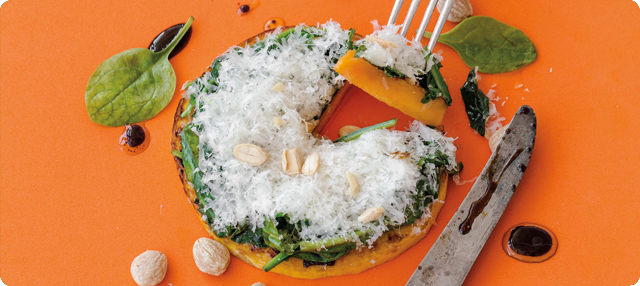 Calabaza a la plancha con parmesano y vinagreta de almendras