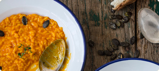Cremoso de arroz y roquefort con calabaza